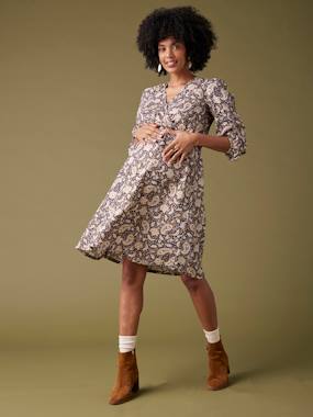 Maternity-Nursing Clothes-Dress with Floral Print with Glittery Thread, for Maternity, ENVIE DE FRAISE