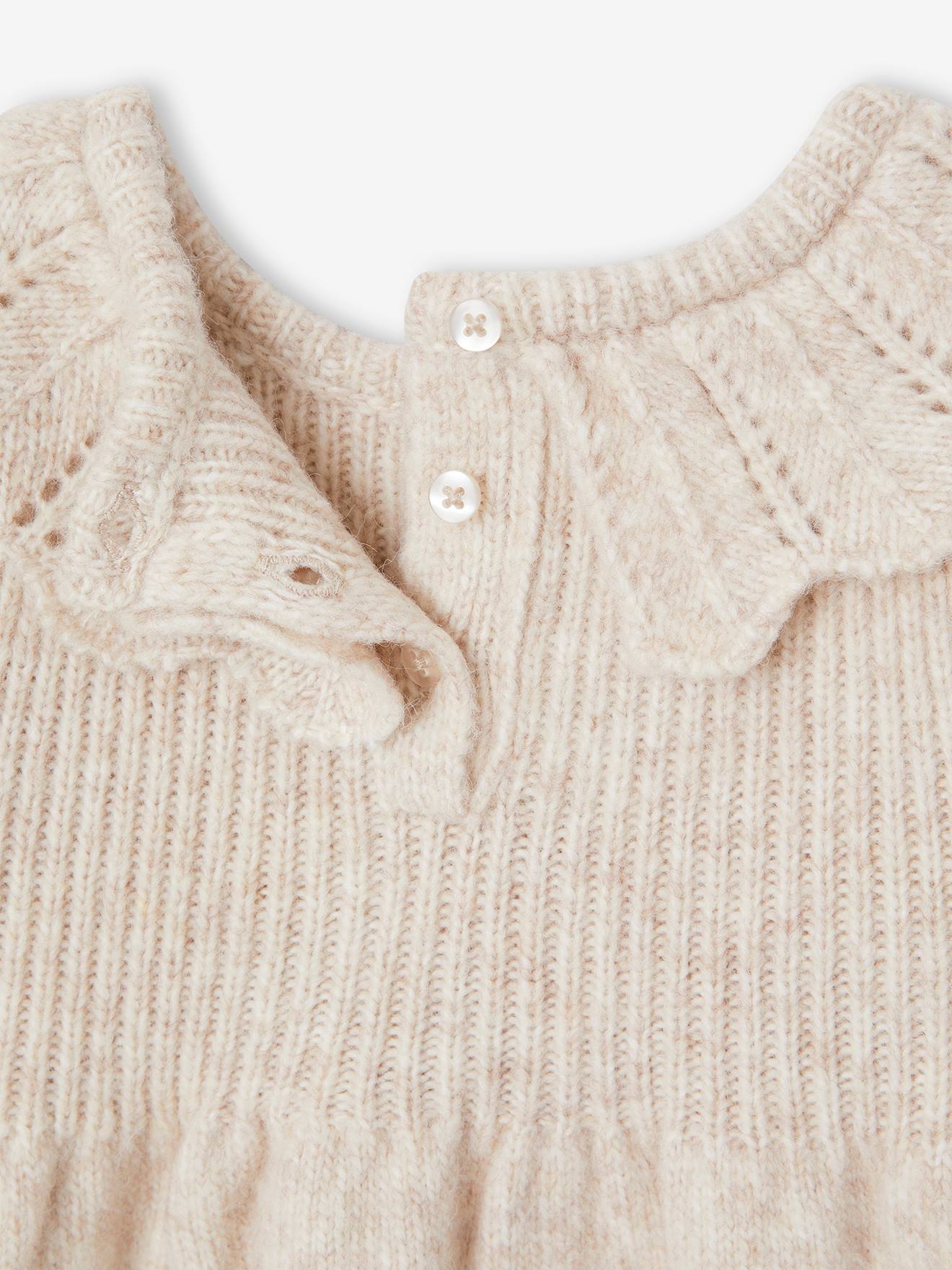 Knitted Dress with Frilled Collar for Babies - marl beige, Baby