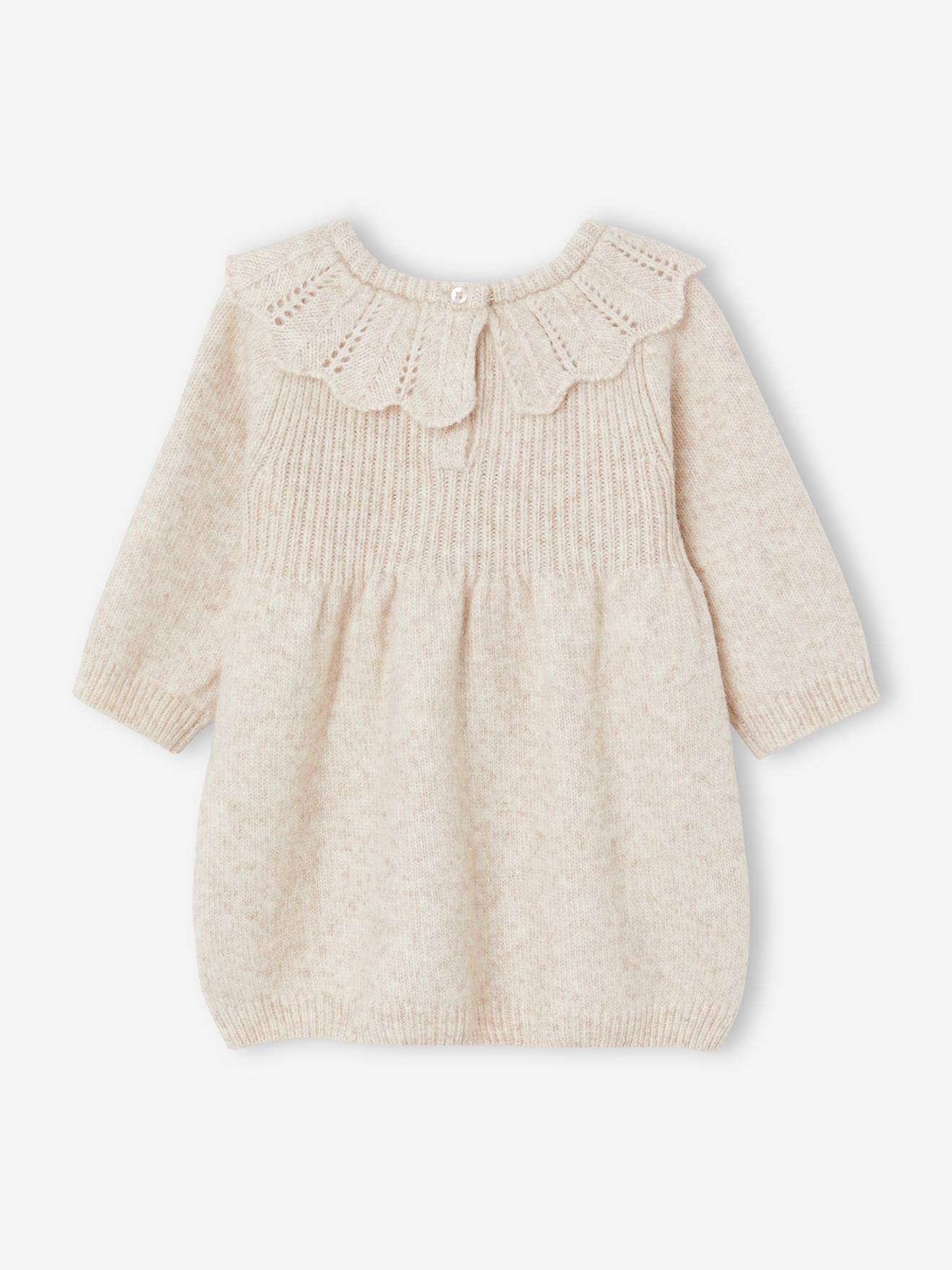 Knitted Dress with Frilled Collar for Babies - marl beige, Baby