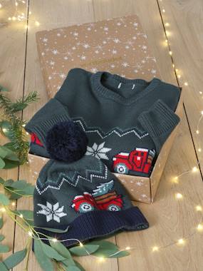 Boys-Cardigans, Jumpers & Sweatshirts-Christmas Gift Box Jacquard Knit Jumper & Matching Beanie  with Pompom for Boys