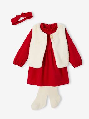 Baby-Outfits-Christmas Special Ensemble: Dress, Faux Fur Waistcoat, Tights and Matching Headband for Girls