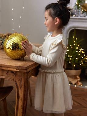 Girls-Dresses-Dual Fabric Christmas Special Dress with Tulle Skirt for Girls