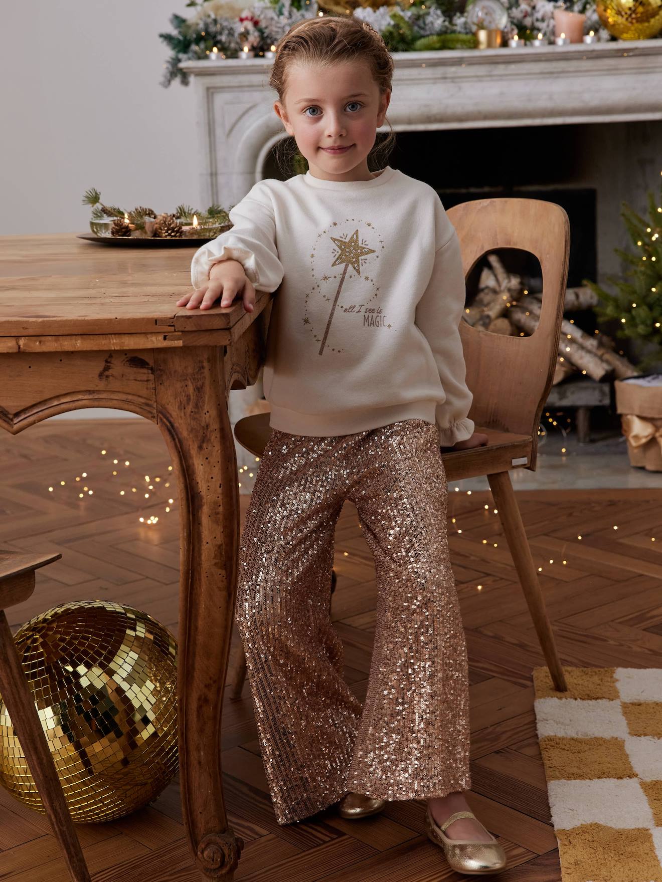Pantalon large à sequins Noël fille or, Fille