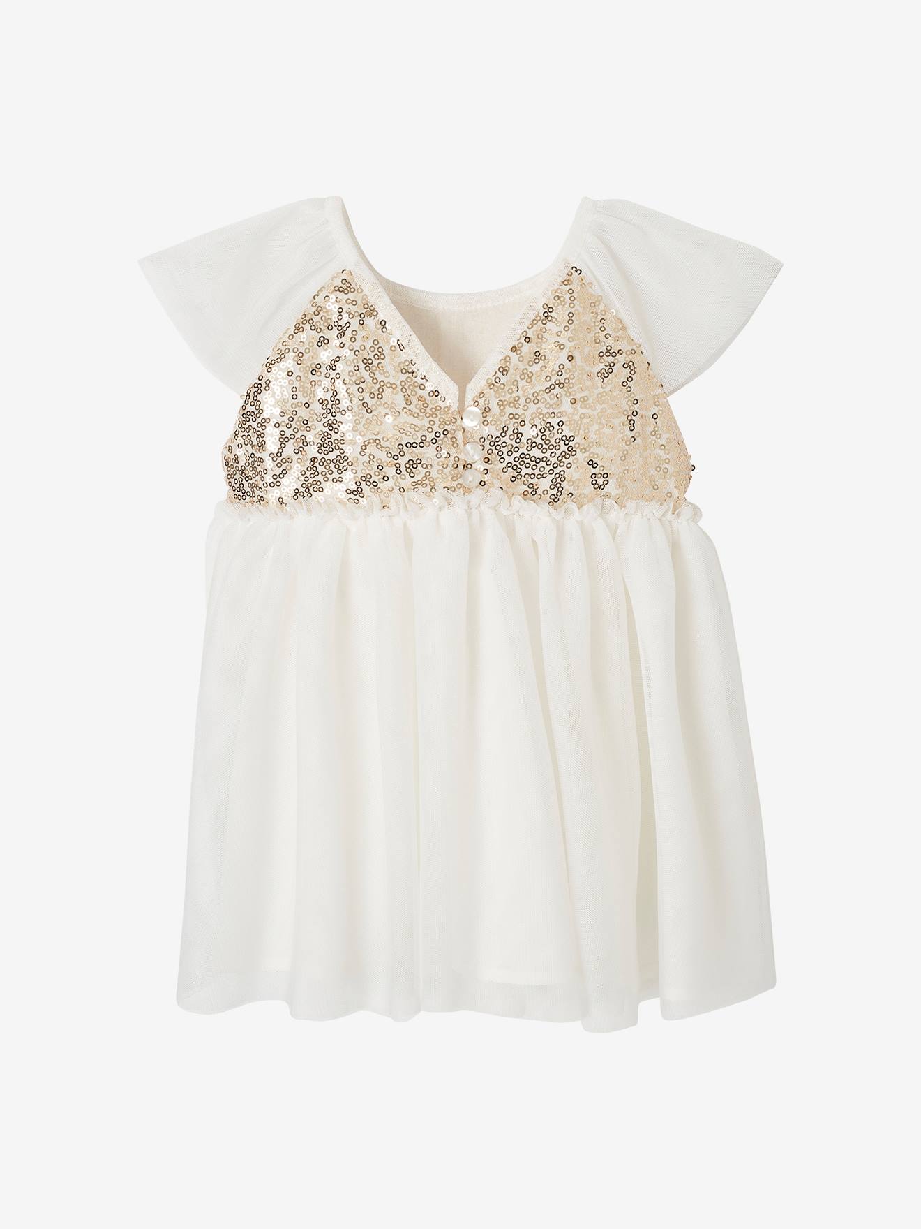 short white dress with gold sequins GS1967 | Sheer Bodice Sequin Babydoll Short Dress