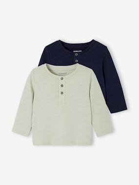 Baby-T-shirts & Roll Neck T-Shirts-T-shirts-Pack of 2 Long-Sleeved Grandad-Style T-Shirts for Babies, Basics