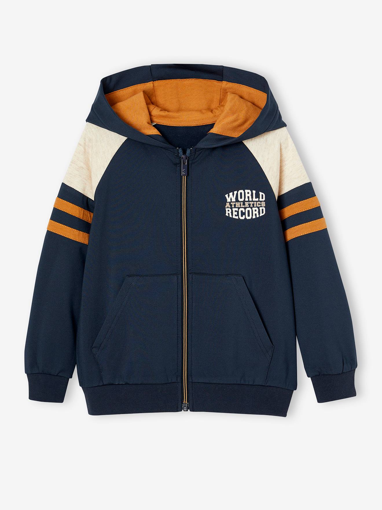 Boys' sporty zip-up hooded sweatshirt with raglan sleeves pecan