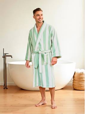 Bedding & Decor-Bathing-Bathrobes-Striped Bath Robe for Adults, TRANSAT, Family Capsule Collection, with Recycled Cotton