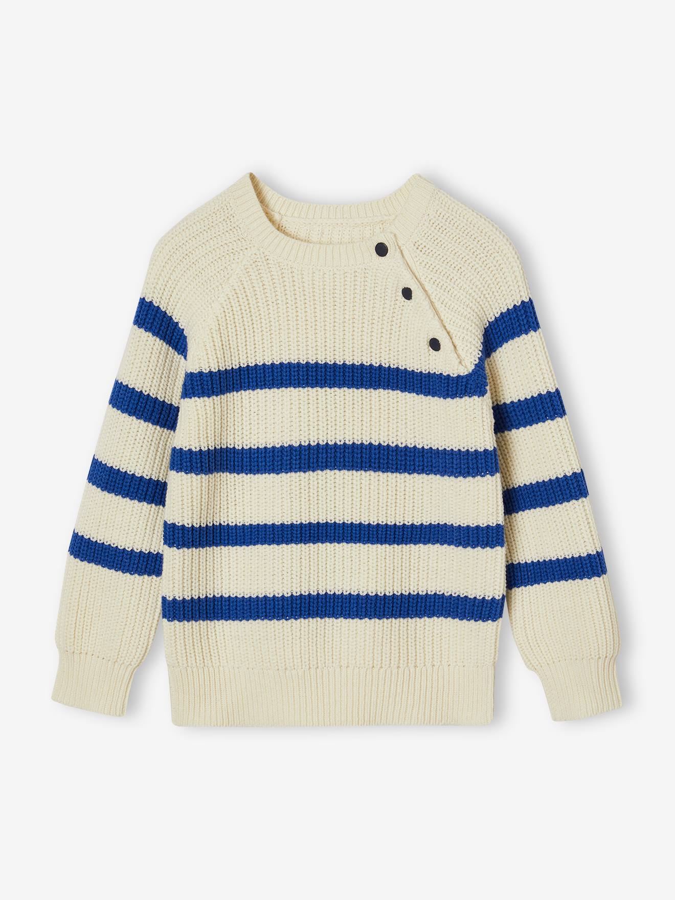 Sweat Femme Doux Col Rond Court Rayé Blanc Bleu 88339