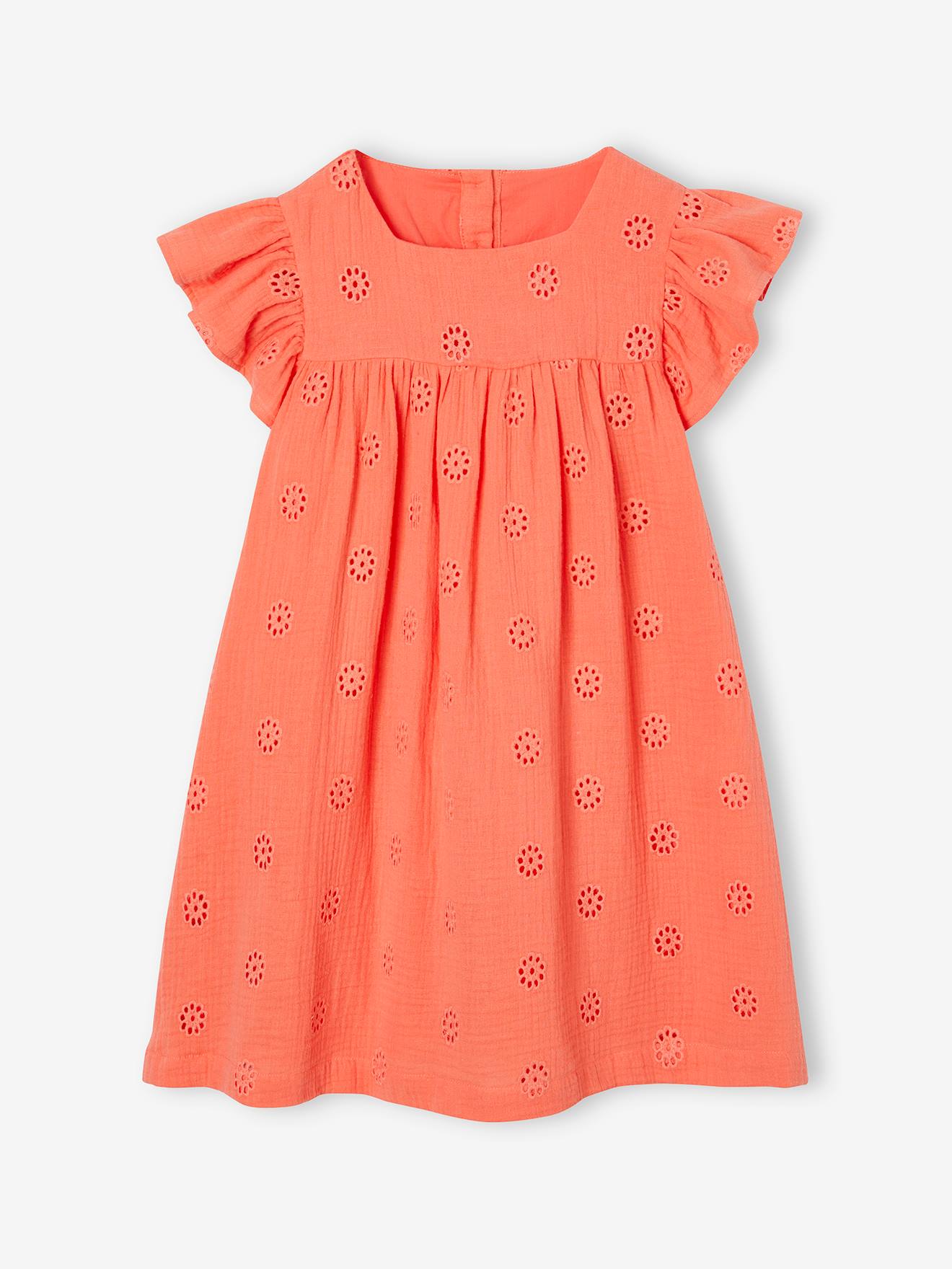 Cotton Gauze Dress with Embroidered Flowers, for Girls - coral, Girls