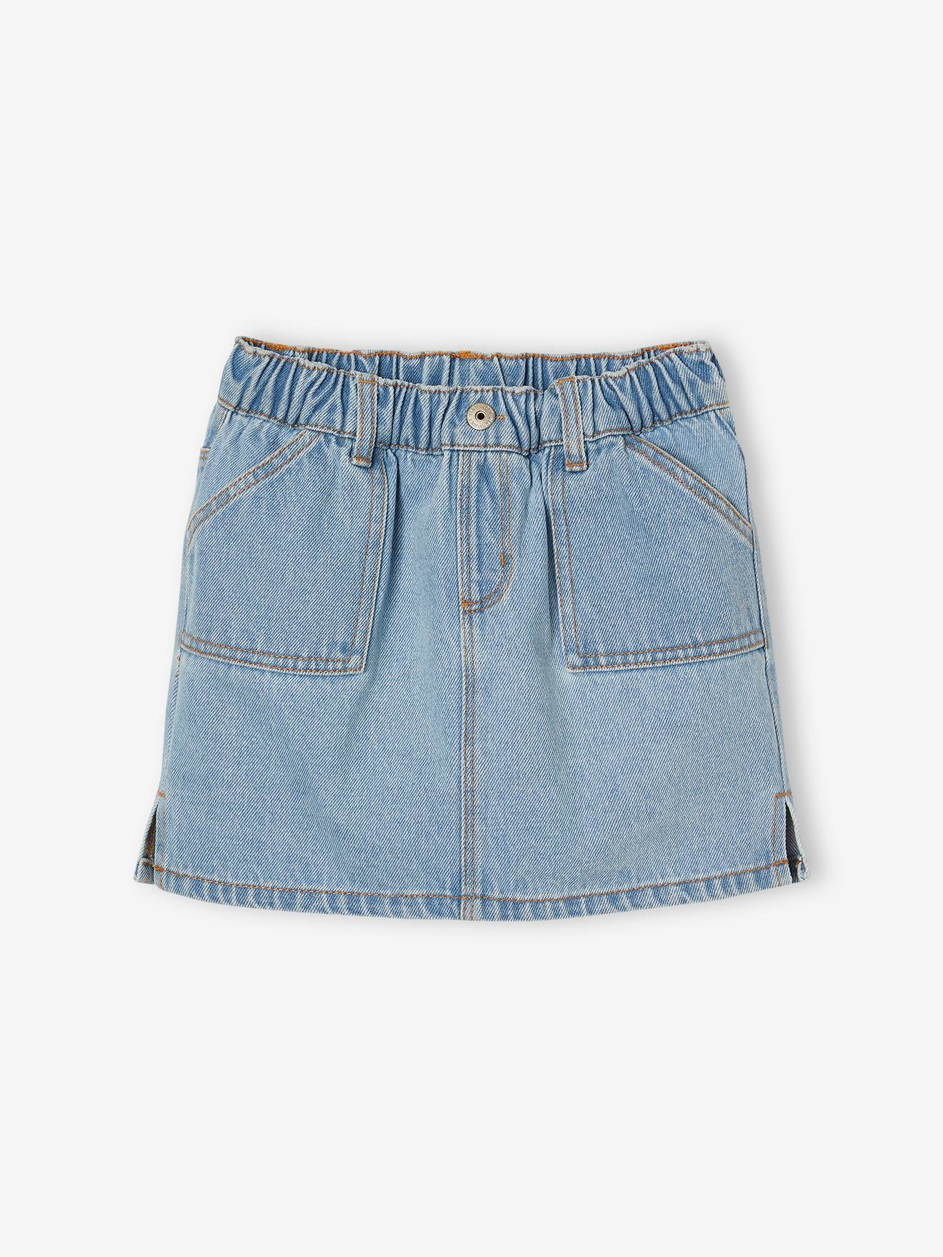 Denim Skirt with Embroidered Flowers, for Girls - bleached Denim Skirt with Embroidered Flowers, for Girls - bleached