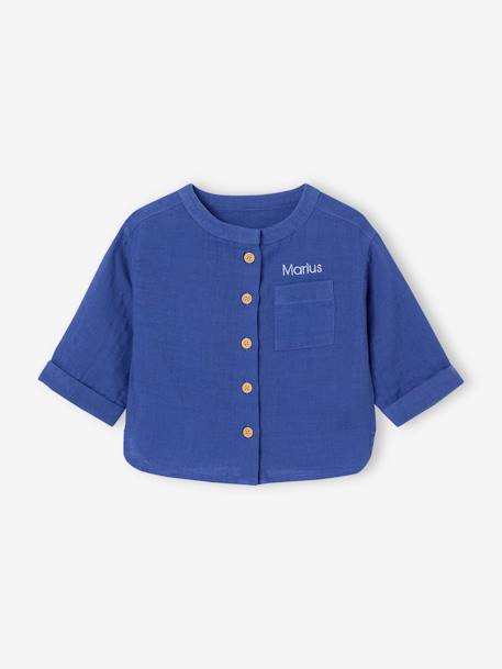 Shirt in Cotton Gauze with Mandarin Collar, for Babies ecru+electric blue+GREEN DARK SOLID - vertbaudet enfant 