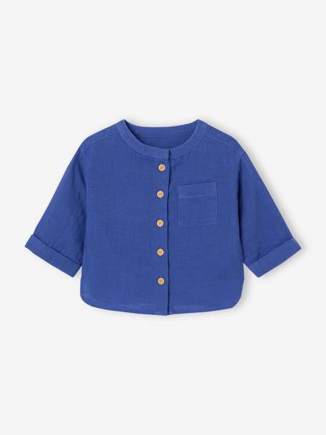 Shirt in Cotton Gauze with Mandarin Collar, for Babies ecru+electric blue+GREEN DARK SOLID - vertbaudet enfant 