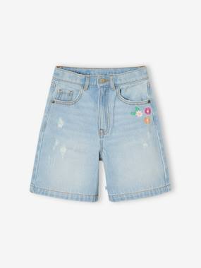 Girls-Shorts-Embroidered floral denim shorts