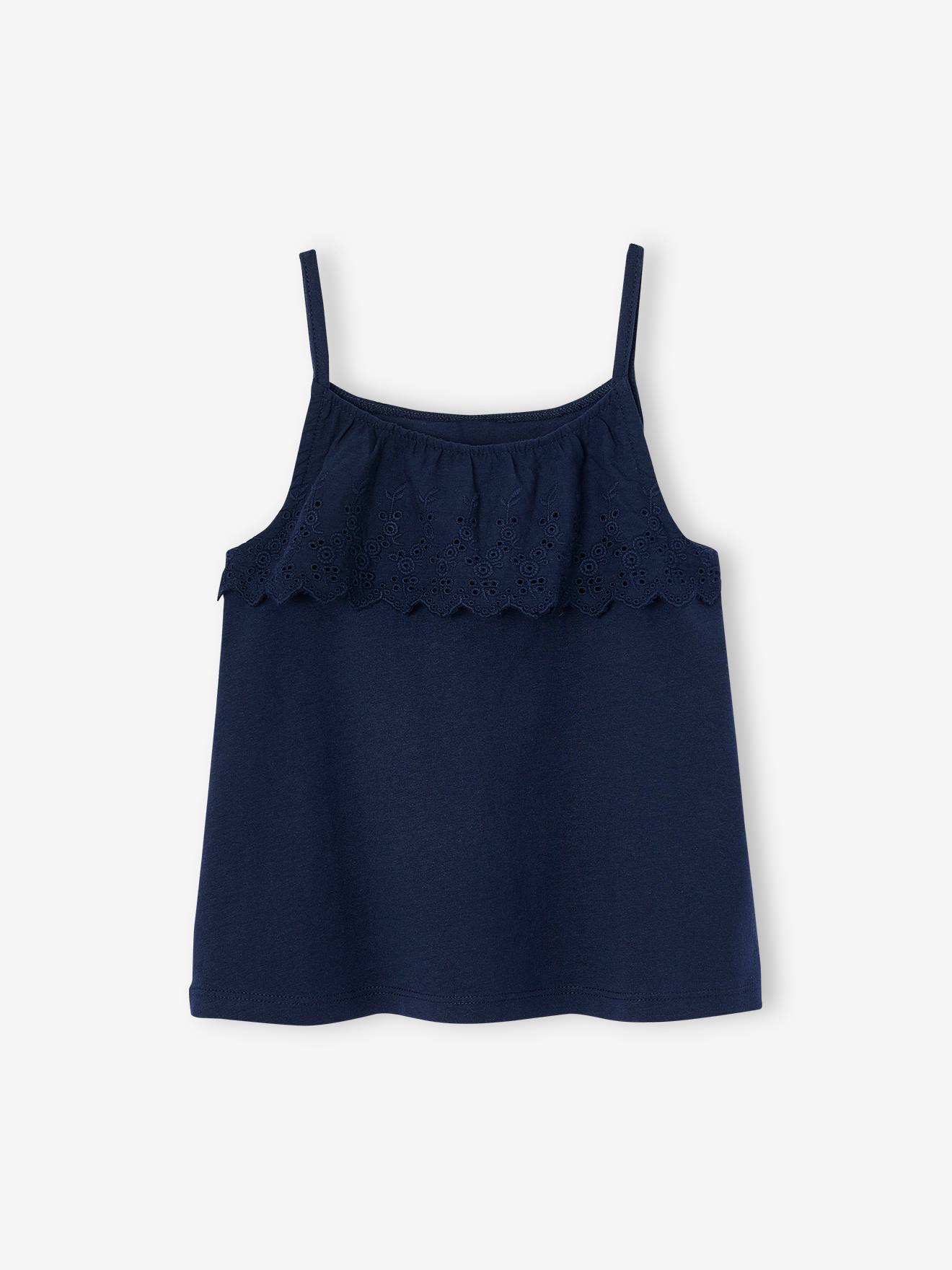 Sleeveless Top with Ruffles in Broderie Anglaise for Girls - white