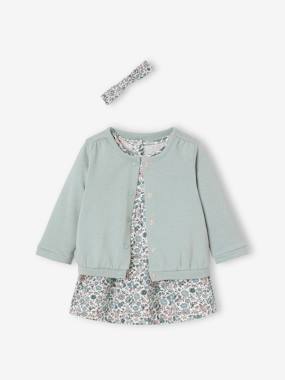 -3-Piece Outfit: Dress + Cardigan + Headband for Baby Girls