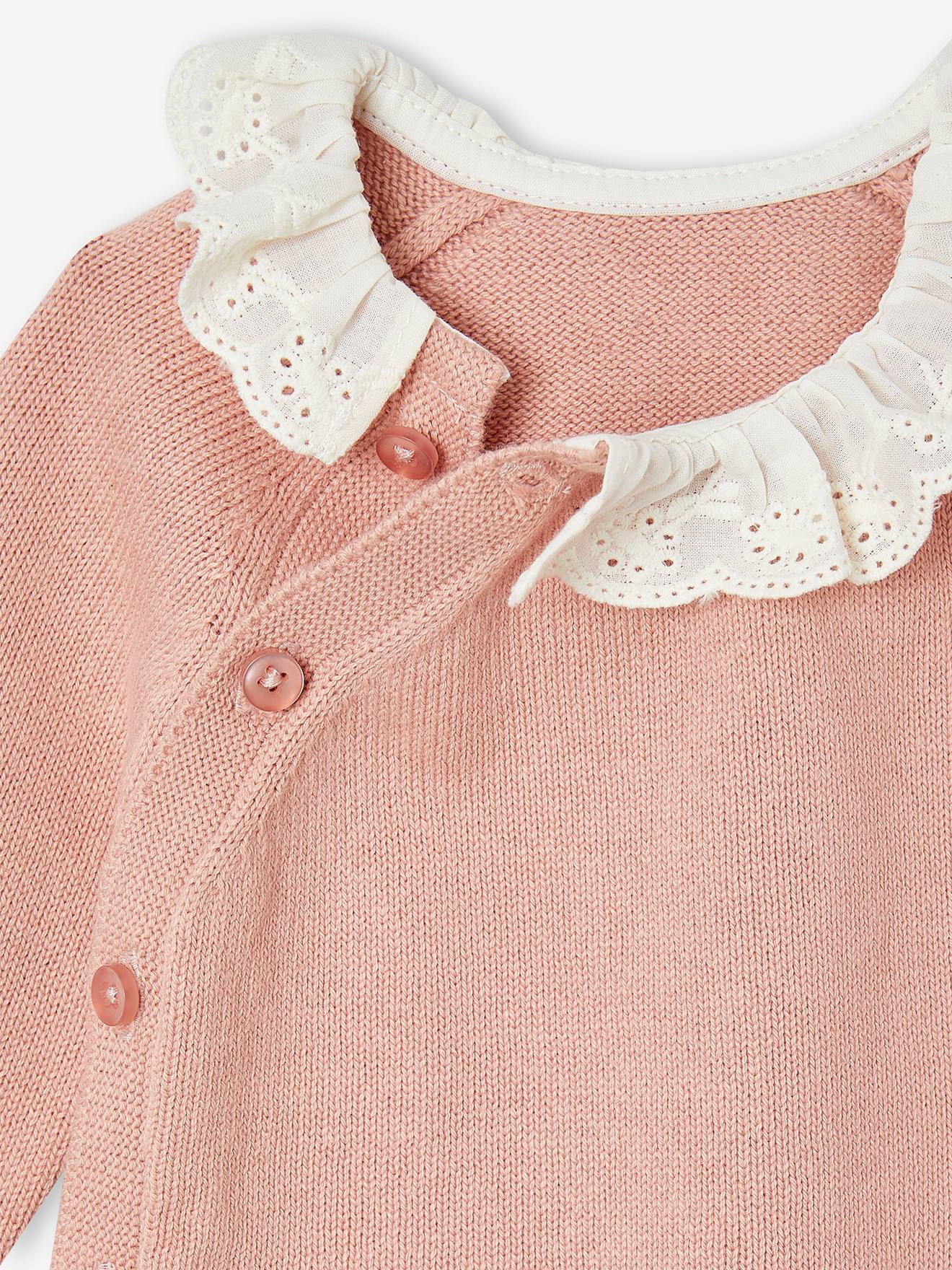 Baby knitted jumper with English embroidery collar - rose, Baby