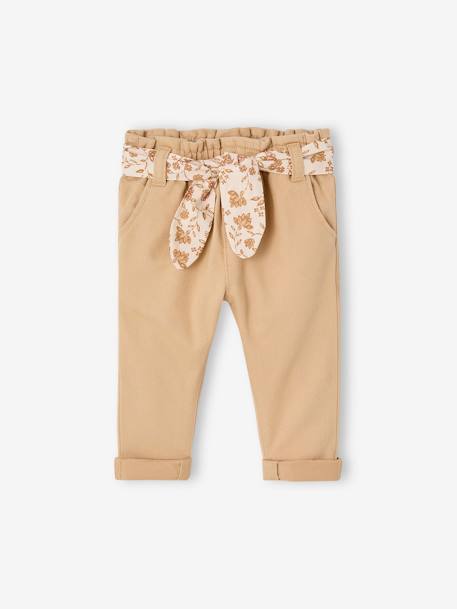 Paperbag Trousers with Belt, for Babies cappuccino+ecru+lichen+pale pink - vertbaudet enfant 