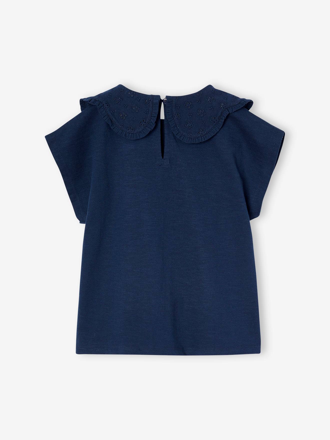 Girls' fancy embroidered collar T-shirt - navy blue, Girls