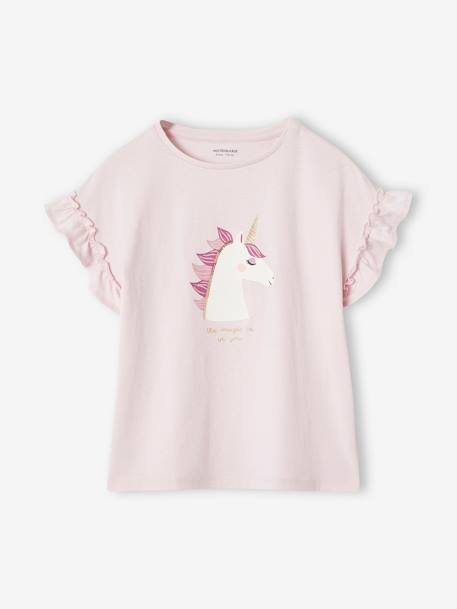 T-shirt à motif irisé fille manches courtes volantées blanc+bleu ciel+écru+jaune pâle+marine+mauve+pêche+rose pâle - vertbaudet enfant 