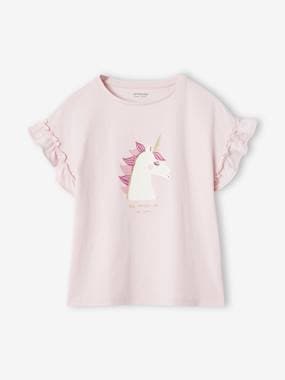 Girls-T-Shirt with Iridescent Motif & Short Ruffled Sleeves for Girls