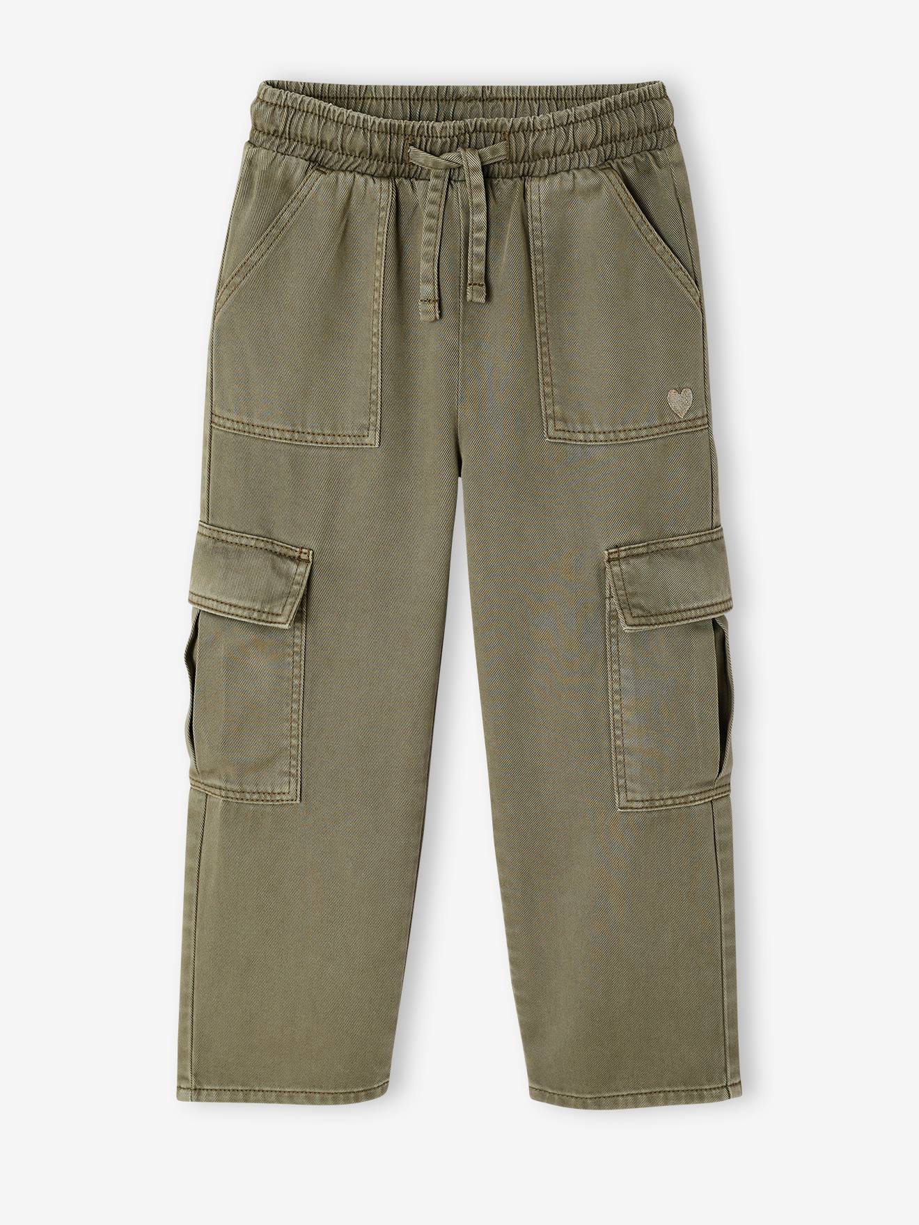 Pantalon fille cargo facile à enfiler kaki, Fille