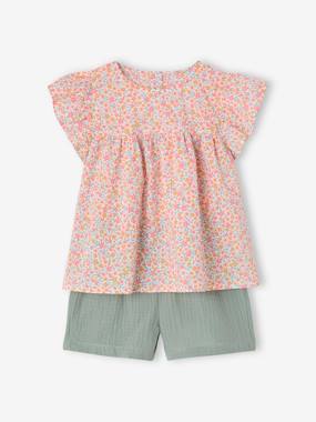 Fille-Ensemble-Ensemble blouse imprimée et short en gaze de coton fille