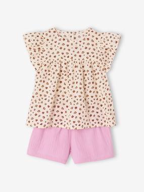 Fille-Short-Ensemble blouse imprimée et short en gaze de coton fille