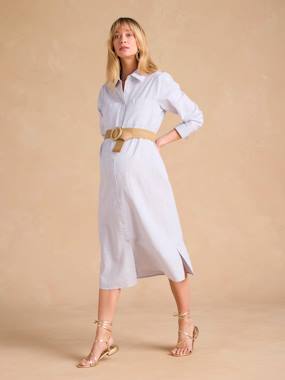 Vêtements de grossesse-Robe chemise longue en lin mélangé grossesse et allaitement coton effet lin