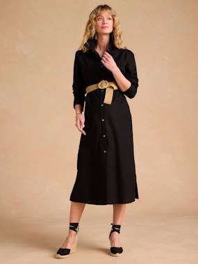 Vêtements de grossesse-Robe chemise longue en lin mélangé grossesse et allaitement coton effet lin