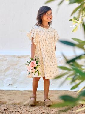 -Cotton Gauze Dress with Floral Print, for Girls