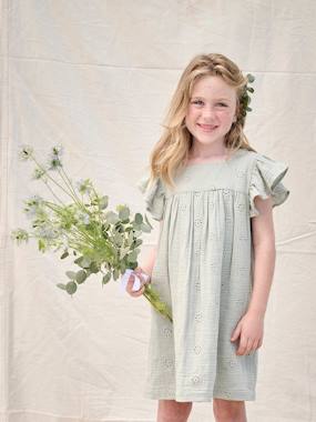 Cotton Gauze Dress with Embroidered Flowers, for Girls  - vertbaudet enfant