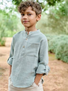 Boys-Shirts-Cotton Gauze Shirt, Roll-Up Sleeves, for Boys