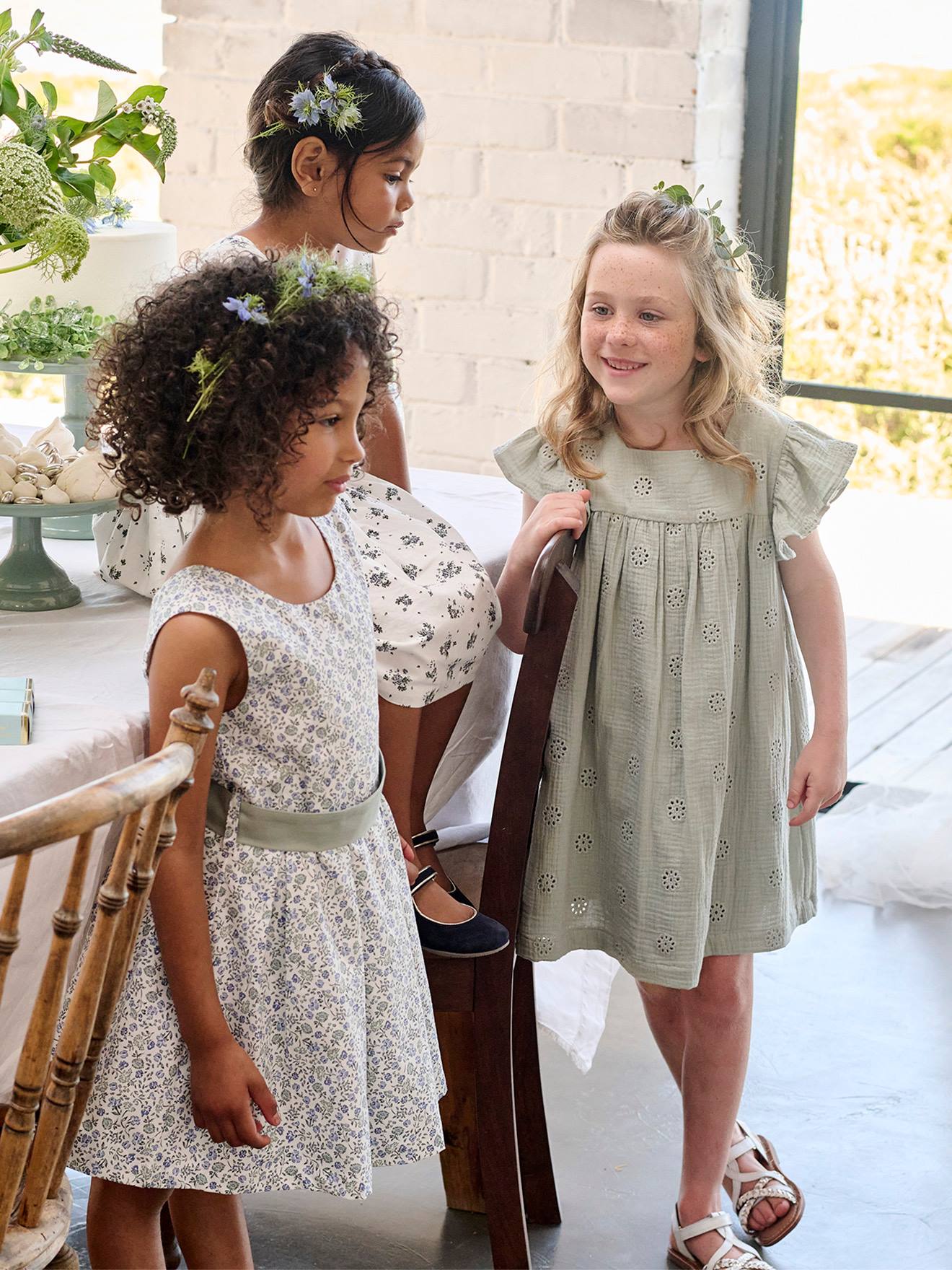 Cotton Gauze Dress with Embroidered Flowers, for Girls sage