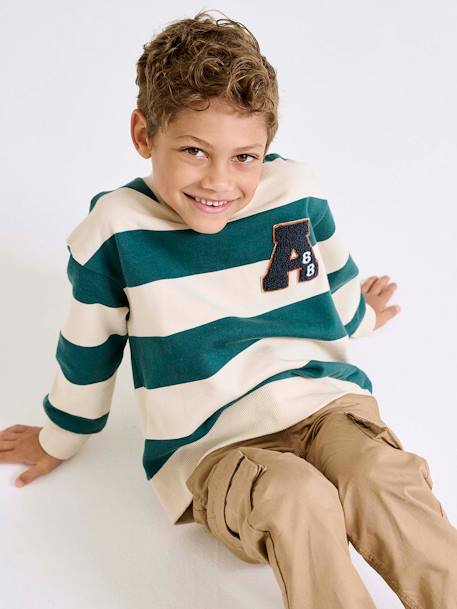 Sweatshirt with Wide Stripes & Bouclé Badge for Boys apricot+emerald green+night blue - vertbaudet enfant 