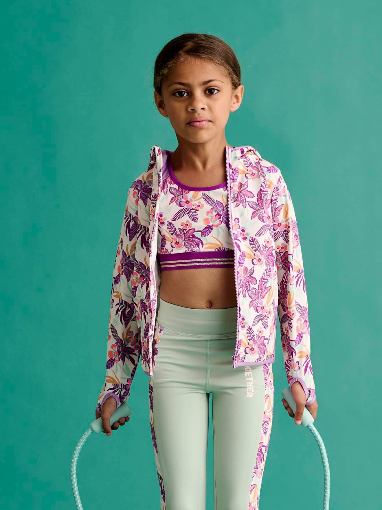 Sweat sport zippé matière technique fille motifs fleurs écru, Fille