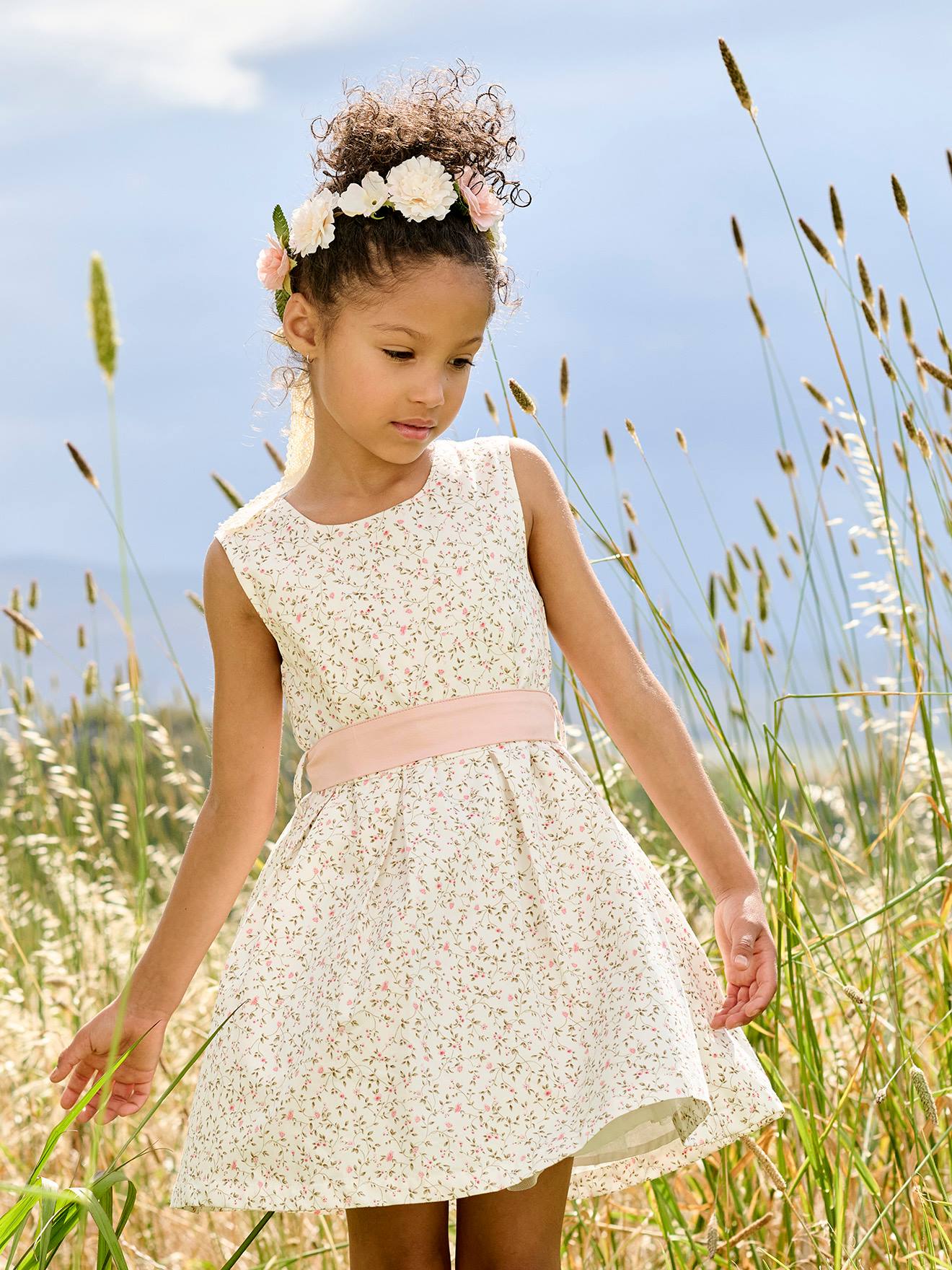 Robe de cérémonie motifs fleurs fille blanc imprimé, Fille