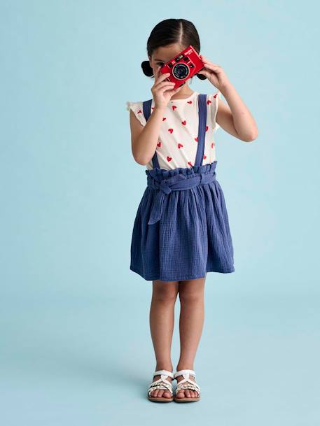 Ensemble fille t-shirt à volants et jupe à bretelles en gaze de coton corail+indigo+lilas+vert sauge+vieux rose - vertbaudet enfant 