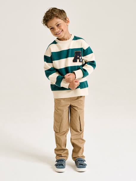 Sweatshirt with Wide Stripes & Bouclé Badge for Boys apricot+emerald green+night blue - vertbaudet enfant 