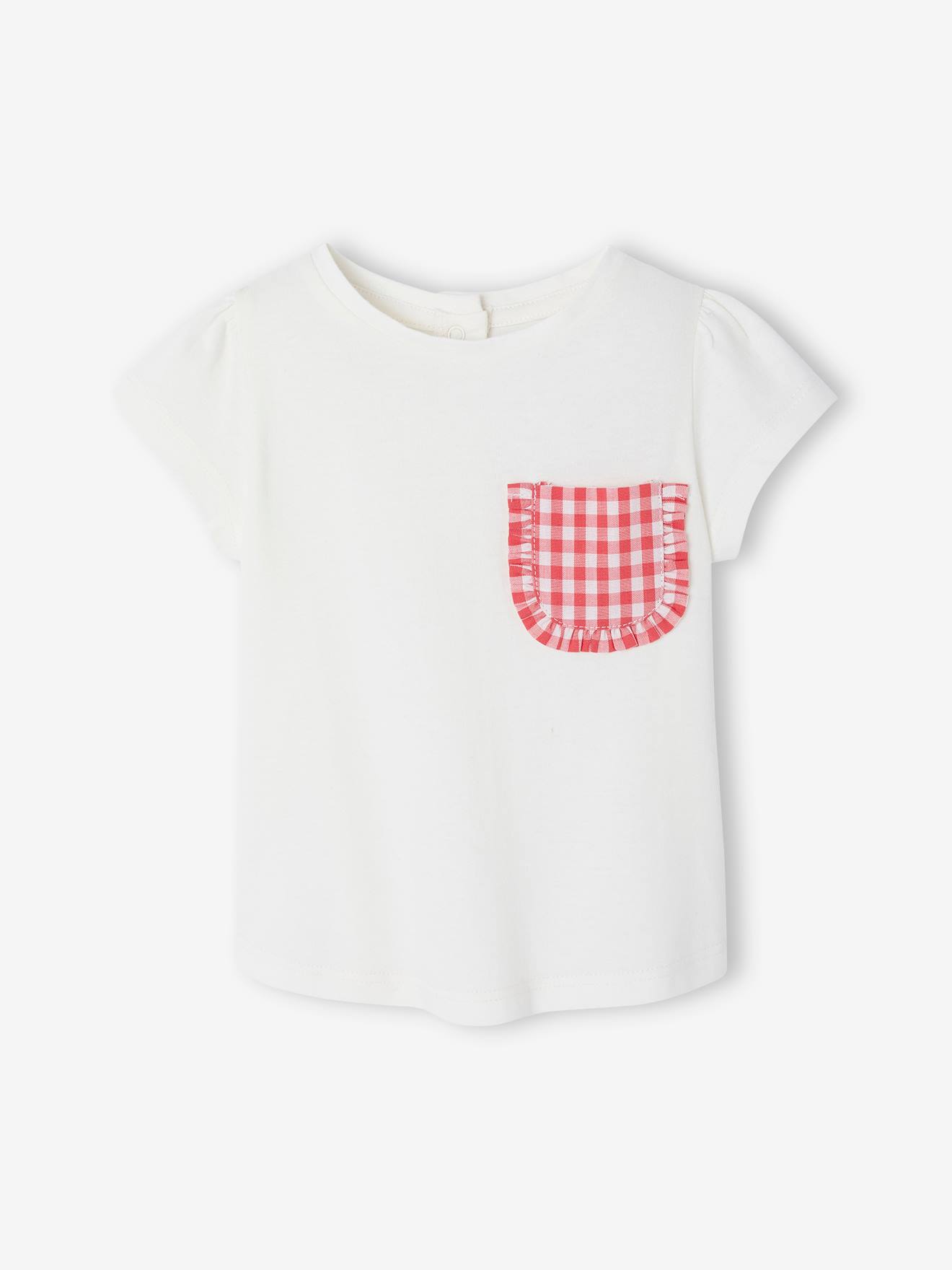 T-Shirt with Fancy Gingham Pocket, for Babies - ecru, Baby