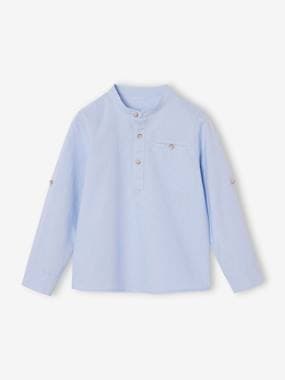 Boys-Shirts-Cotton/linen Mao collar shirt with turn-up sleeves for boys