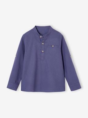 Boys-Shirts-Cotton/linen Mao collar shirt with turn-up sleeves for boys