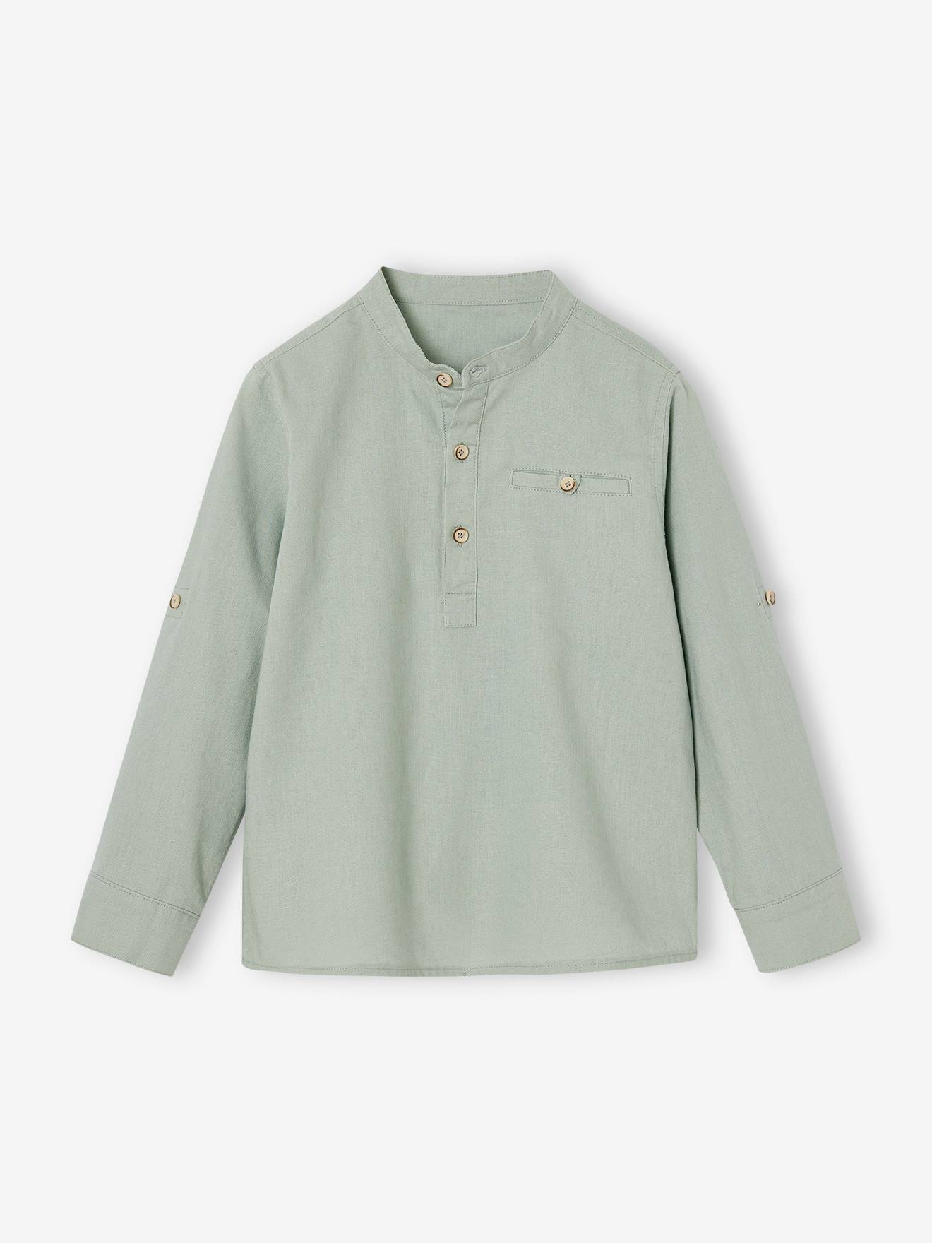 Cotton/linen Mao collar shirt with turn-up sleeves for boys