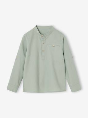 Boys-Shirts-Cotton/linen Mao collar shirt with turn-up sleeves for boys