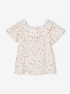 Fille-Chemise, blouse, tunique-Blouse de cérémonie fleurie en gaze de coton fille