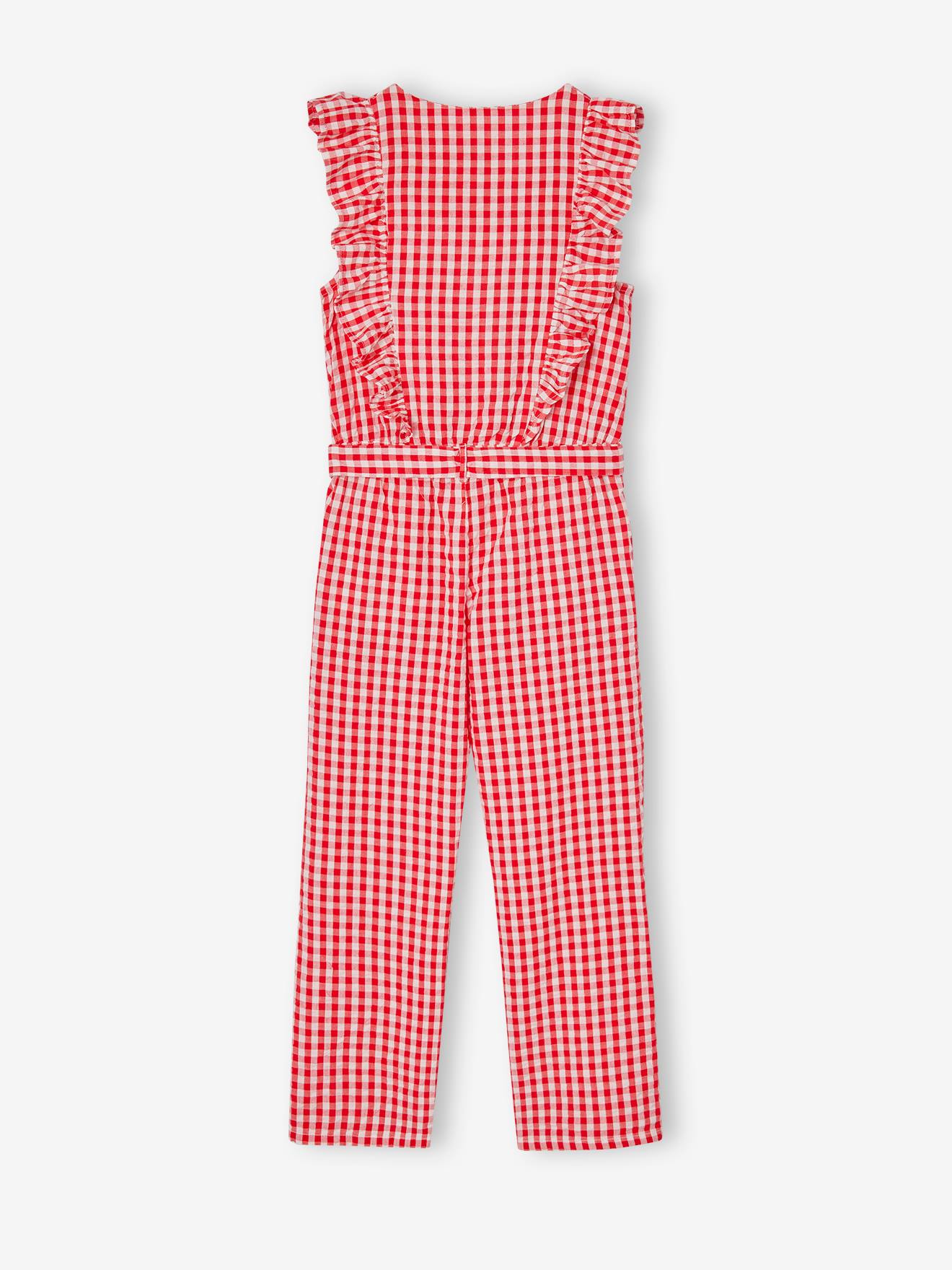 Gingham print frill romper for girls - chequered red, Girls