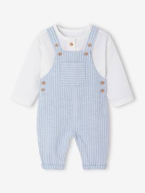 -Shirt & Dungarees Ensemble in Linen & Cotton for Newborn Babies