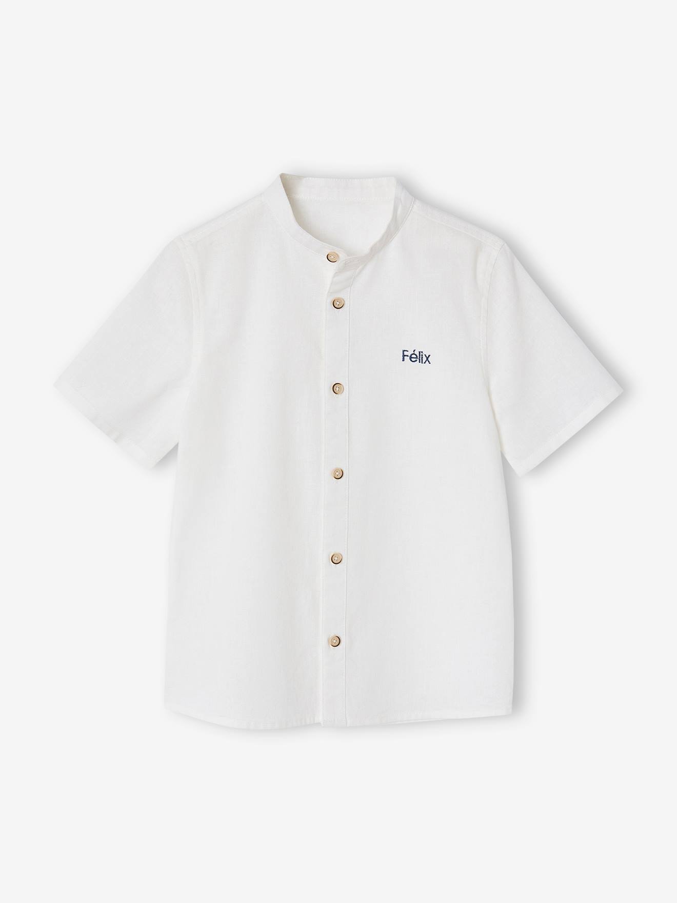 Chemise Lin Col Mao Garçon Vert Sauge – Manches Courtes, 75% Coton 25% Lin, Vertbaudet 10A