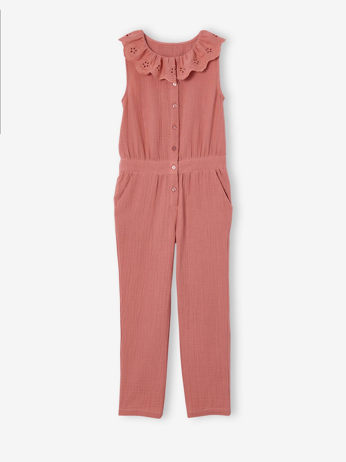 Vuncio Combinaison Épaules Dénudées à Volants Fille 7-12 Ans - Jumpsuit Fluide Coton Lin Chic Élégante