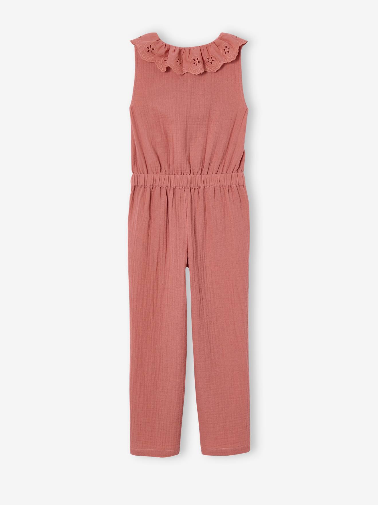 VERTBAUDET Combinaison Longue Fille En Gaze De Coton - Col Broderie Anglaise - Taille élastiquée, 2 Poches - Vert Sauge 4 Ans