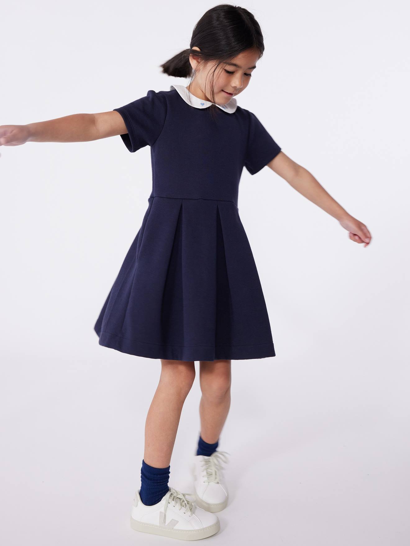 Short Sleeve Cotton Dress, PETIT BATEAU - navy blue, Girls Short Sleeve Cotton Dress, PETIT BATEAU - navy blue, Girls